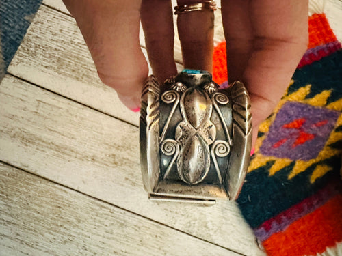 Old Pawn Navajo Sterling Silver & Kingman Turquoise Cuff Bracelet /