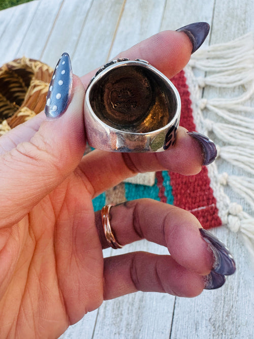 Old Pawn Handcrafted Multi Stone & Sterling Silver Inlay Ring Size 11.75