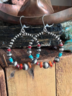 Handcrafted Electric Rainbow Sterling Silver, Turquoise & Spiny Oyster Beaded Hoop Earrings, Leverback