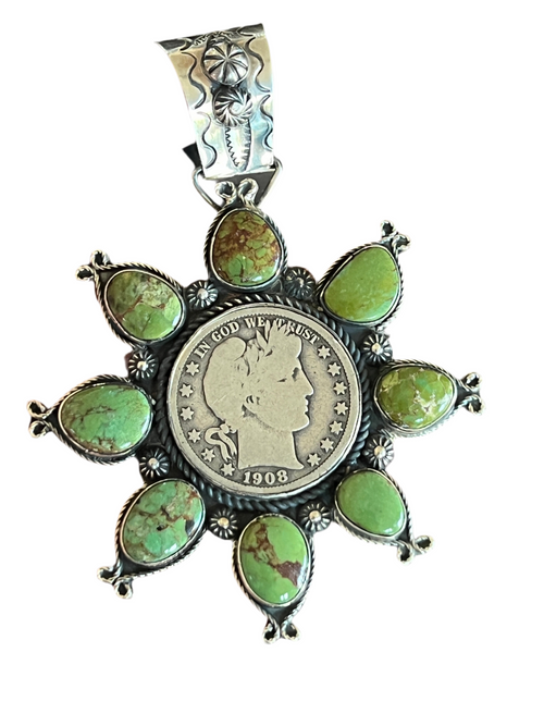 Apache Made Sterling Silver and Egyptian Turquoise Coin Cluster Pendant by Rosella Paxson