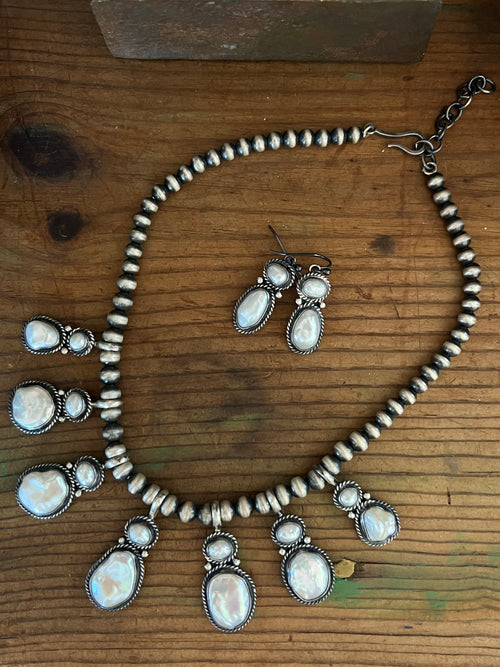 Handcrafted Sterling Silver and Freshwater Pearl Beaded Necklace & Earrings Set by Loretta Delgarito