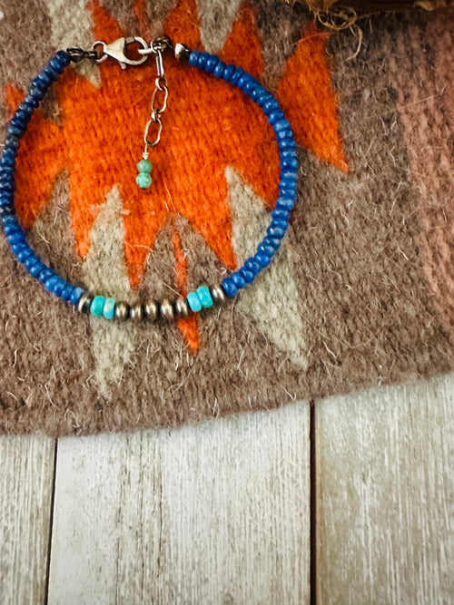 Navajo Sterling Silver Pearl, Lapis & Turquoise Beaded Bracelet