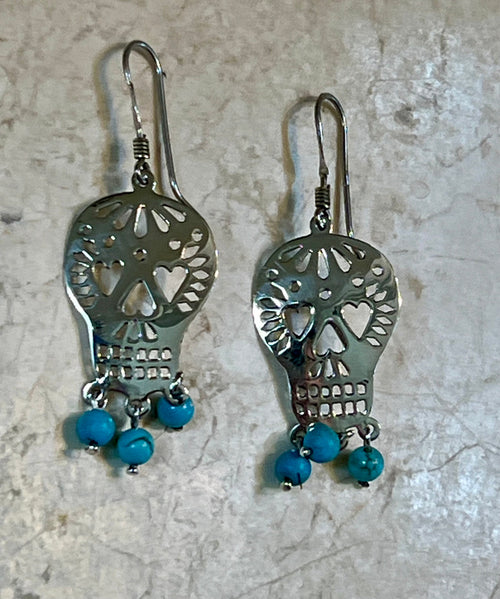 Sugar Skull with 3 Turquoise Beads Sterling Silver Earrings