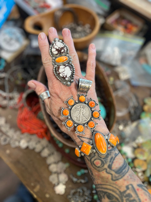 Handcrafted Sterling Silver and Orange Spiny Oyster Shell Geometric Row Cuff by Rosella Paxson