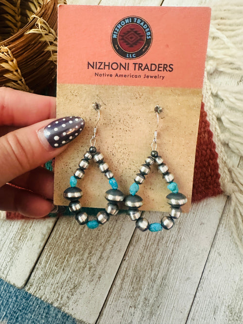 Handcrafted Turquoise & Sterling Silver Beaded Dangle Hoop Earrings