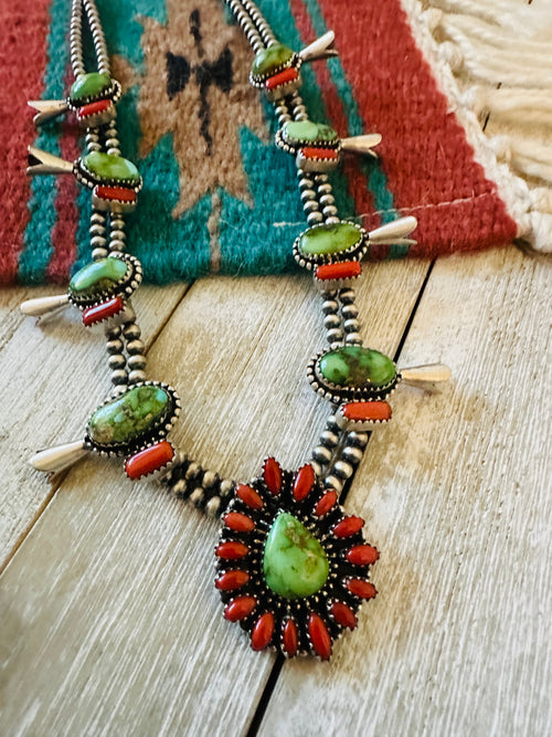 ** Christmas Collection ** Handmade Sterling Silver, Turquoise & Coral Necklace Signed Nizhoni