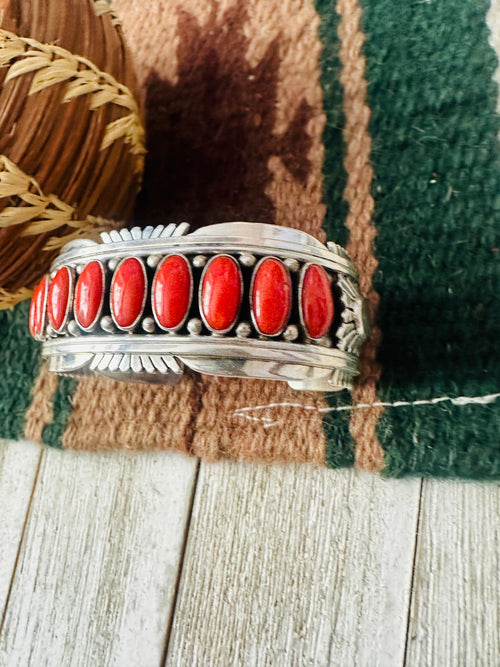 Old Pawn Navajo Coral & Sterling Silver Cuff Bracelet by Daniel Mike