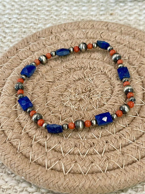 ** 4TH OF JULY ** Handmade Sterling Silver , Coral & Lapis Beaded Bracelet with Signed Nizhoni