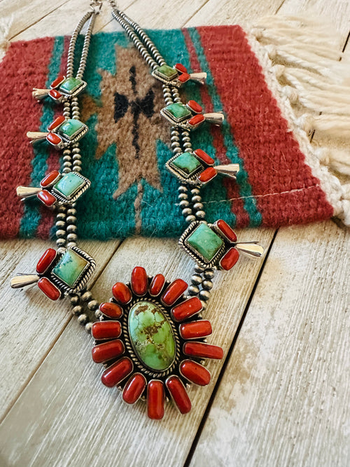 ** Christmas Collection ** Handmade Sterling Silver, Turquoise & Coral Necklace Signed Nizhoni