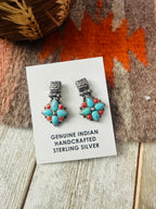 Old Pawn Navajo Sterling Silver, Turquoise & Coral Flower Dangle Earrings