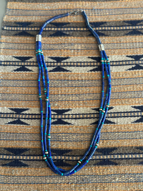 Old Pawn Sterling Silver Lapis and Turquoise Beaded 28 inch Necklace