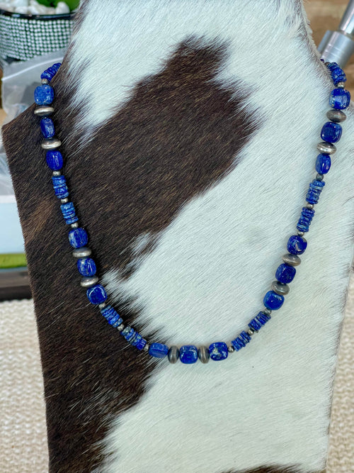 ** 4TH OF JULY ** Handmade Sterling Silver & Lapis Beaded Necklace Signed Nizhoni