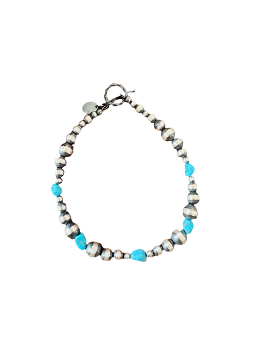 Navajo Sterling Silver Pearl & Turquoise Beaded Bracelet