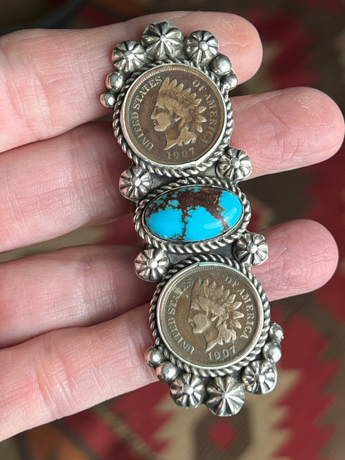 Apache Sterling Silver, Egyptian Turquoise and Indian Head Penny Ring by Rosella Paxson: Size 9