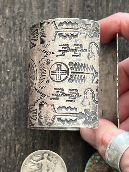 Handcrafted Vintage Fred Harvey Era Symbolic Collage TurquoiseSterling Silver Cuff Bracelet