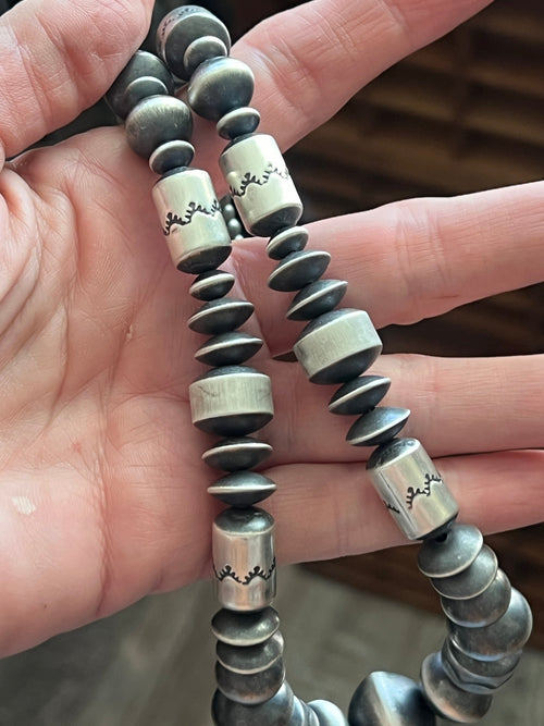 Handcrafted Sterling Silver Single Strand Beaded Statement Necklace by Rose Martin, 24” + 1-1/2”