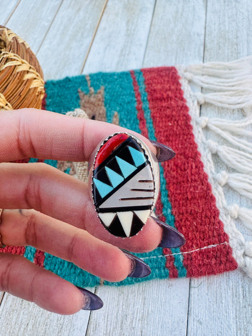 Old Pawn Handcrafted Multi Stone & Sterling Silver Inlay Ring Size 9.5