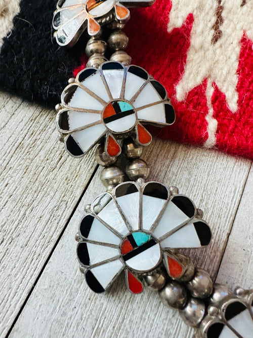 Vintage Old Pawn Sunface Multi Stone & Sterling Silver Beaded Squash Blossom Necklace