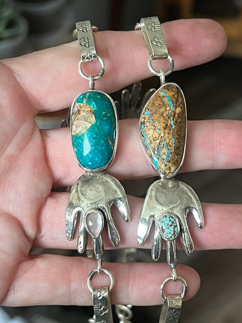 Jay Leon Coriz Handcrafted Sterling Silver and Royston Turquoise Healing Hand Station Necklace