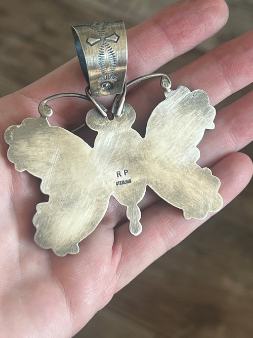 Apache Made Sterling Silver & Pilot Mountain Turquoise Butterfly Pendant by Rosella Paxson