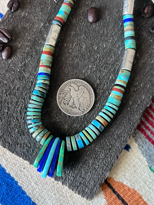 Ronald Chavez Handcrafted Sterling Silver & Multistone Heishi Beaded Santo Domingo Necklace with Tabs
