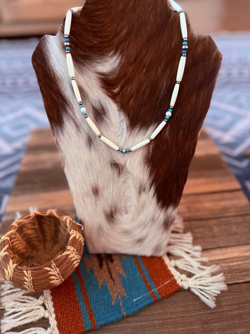 Handcrafted Sterling Silver, Bone, Pearl & Turquoise 19" Beaded Necklace