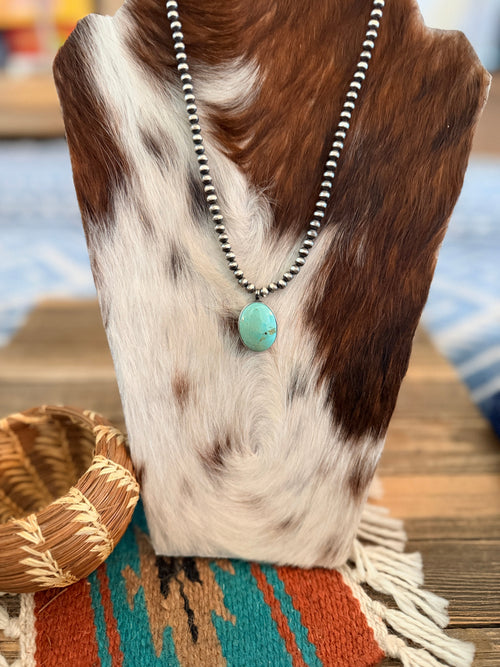 Handcrafted Turquoise & 5mm Sterling Silver Pearl 18” Beaded Necklace