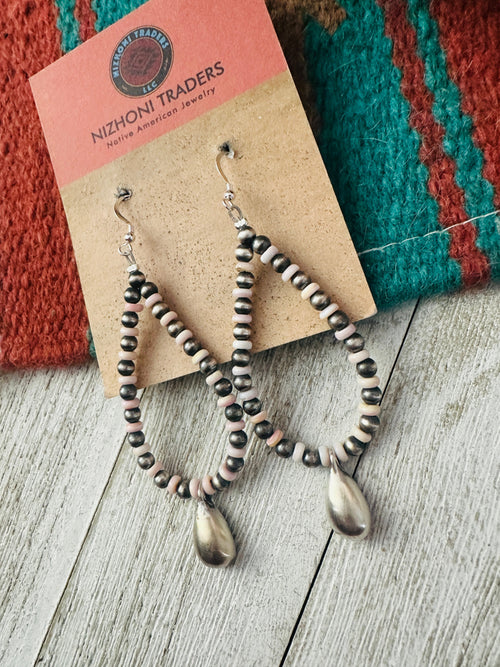 Handcrafted Queen Pink Conch & Sterling Silver Pearl Beaded Hoop Earrings