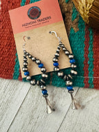 Navajo Lapis & Sterling Silver Pearl Beaded Blossom Hoop Earrings