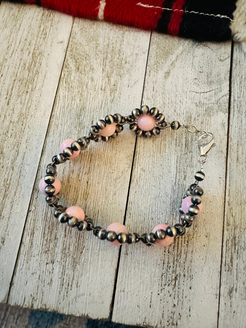 Navajo Queen Pink Conch Shell & Sterling Silver Beaded Flower Bracelet