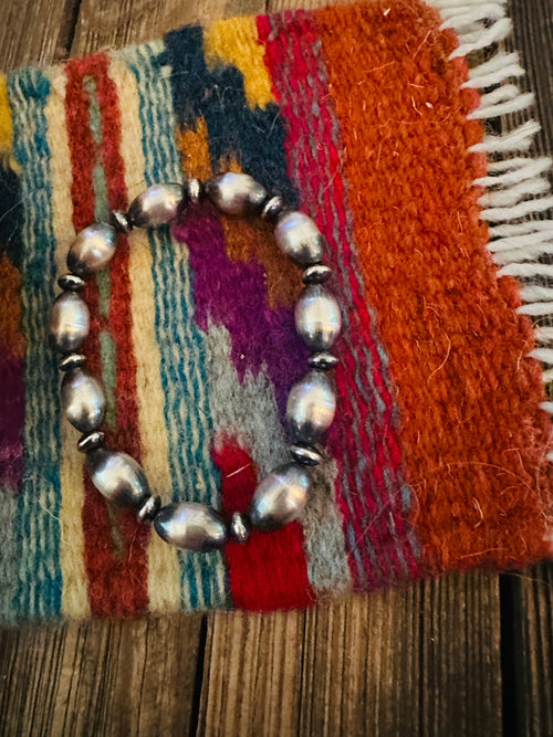 Handcrafed Sterling Silver Pearl Beaded Stretch Bracelet