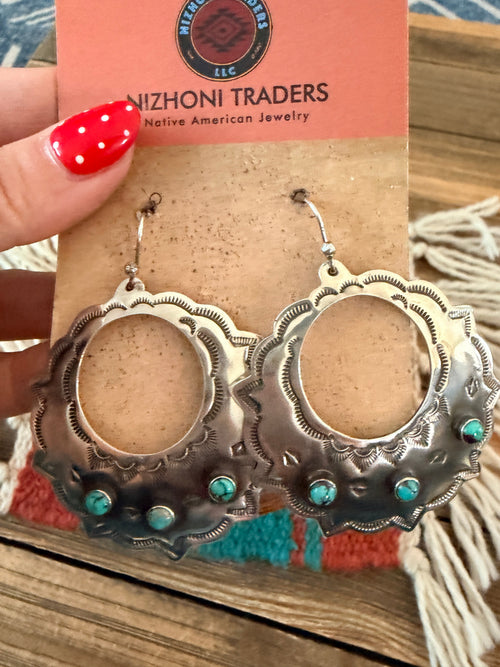 Handmade Sterling Silver & Turquoise Concho Dangle Earrings by Kimari Somers