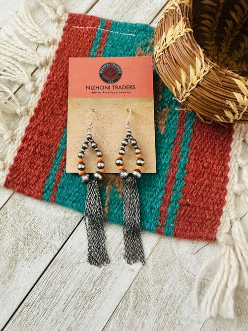 Navajo Orange Spiny & Sterling Silver Pearl Beaded Hoop Earrings