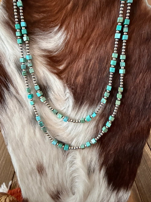 Handcrafted Turquoise & 3mm Sterling Silver Pearl Beaded Necklace