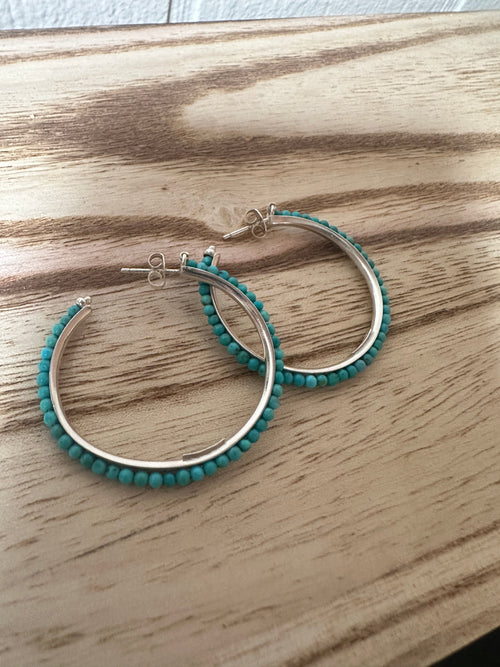 Handmade Turquoise and Sterling Silver Beaded Hoop Earrings
