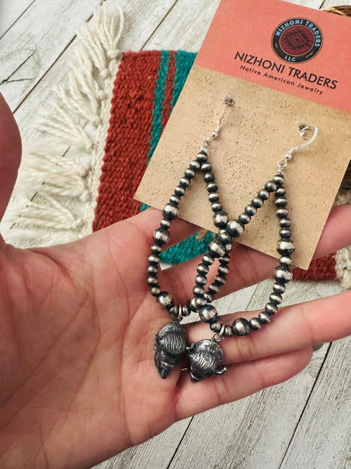 Handcrafted Sterling Silver Pearl Beaded Bison Head Hoop Earrings