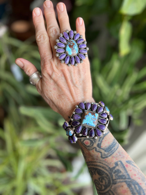 Handcrafted Sterling Silver, Charoite and Golden Hills Turquoise Cluster Cuff Bracelet by Tyler Brown /