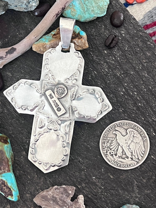 Hand Stamped Sterling Silver, Kingman Turquoise & Spiny Oyster Cross Pendant by Kimari Somers