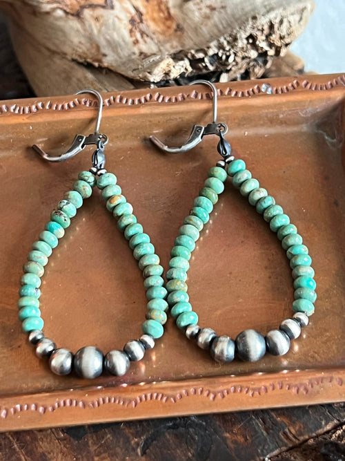 Handcrafted Sterling Silver and Turquoise Beaded Drop Hoop Earrings, Leverback