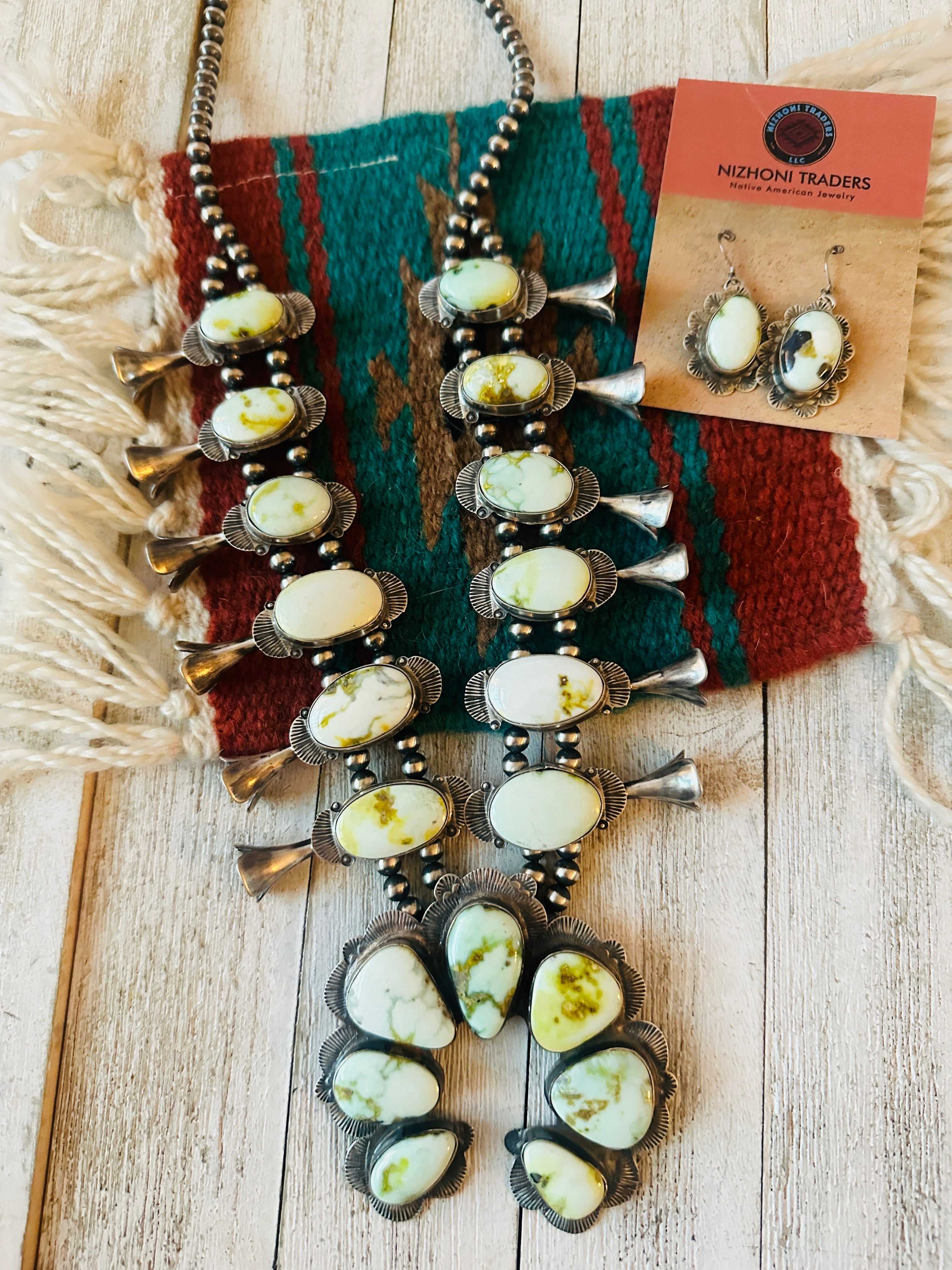 Navajo Palomino Variscite Turquoise Sterling Silver Squash Blossom Necklace Set by Kee Yazzie