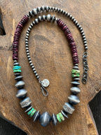Navajo Made Electric Rainbow Sterling Silver, Turquoise and Spiny Oyster Single Strand Beaded Necklace by Rose Martin, 22 + 2 Inches