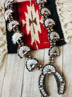 Vintage Old Pawn Sunface Multi Stone & Sterling Silver Beaded Squash Blossom Necklace