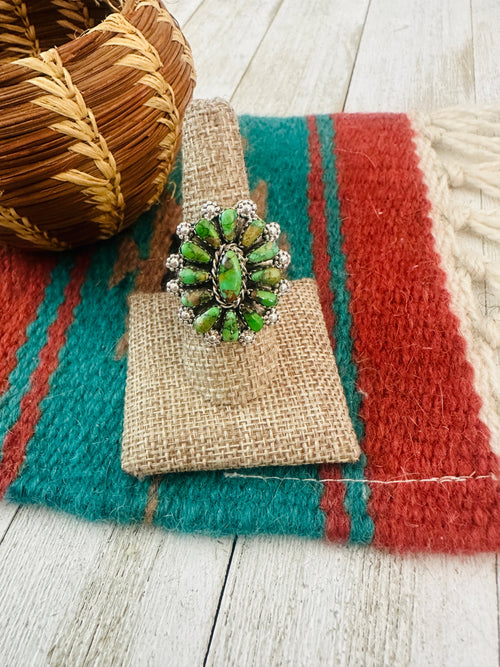 Old Pawn Navajo Sterling Silver & Green Turquoise Cluster Ring Size 9 by Leander Nez