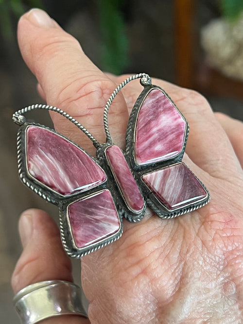 Old Pawn Navajo Sterling Silver and Purple Spiny Oyster Butterfly Ring by Anthony Skeets, Size 11