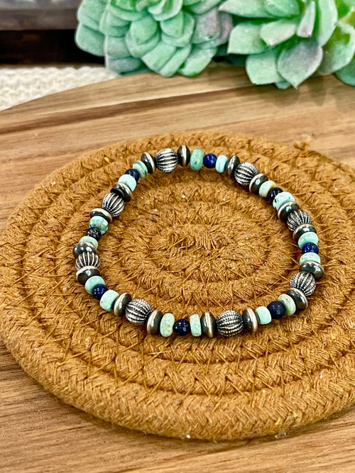 Handmade Sterling Silver, Turquoise & Lapis Beaded Bracelet with Signed Nizhoni