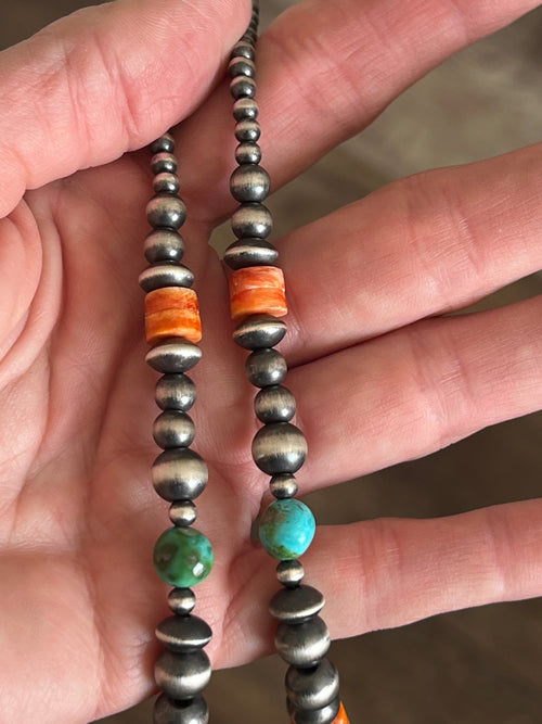 Navajo Made Electric Rainbow Sterling Silver, Turquoise and Spiny Oyster Single Strand Beaded Necklace by Rose Martin, 18 + 2 Inches