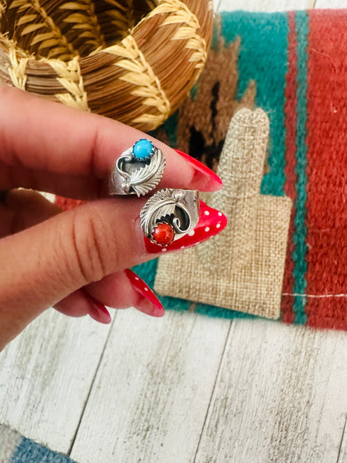 Old Pawn Navajo Sterling Silver, Turquoise & Coral Adjustable Ring