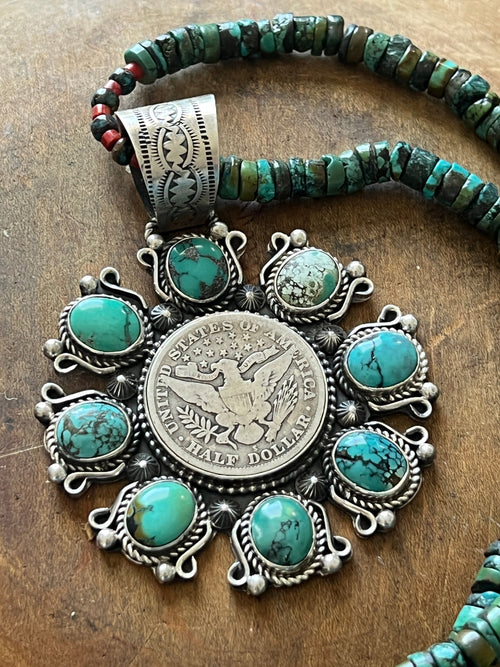 Rosella Paxson Hubei Turquoise and Barber Half Dollar Cluster Pendant