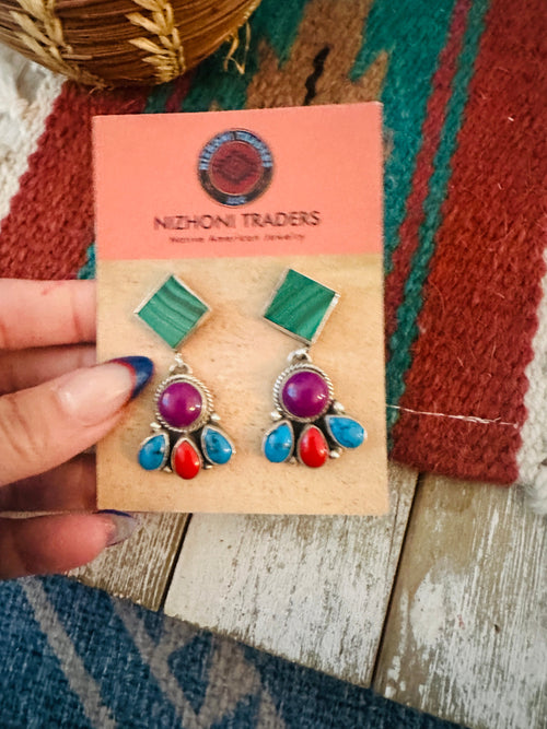 Old Pawn Navajo Sterling Silver & Multi Stone Dangle Earrings