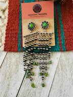 Handcrafted Green Turquoise & Sterling Silver Pearl Beaded Tassel Dangle Earrings